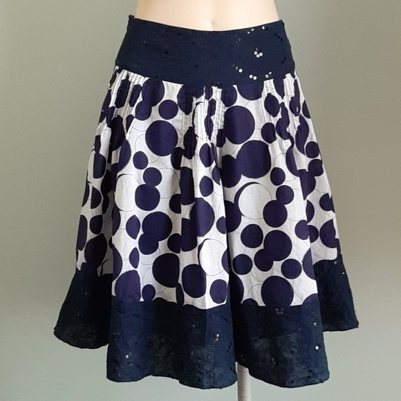 Vintage Dresses & Skirts - Navy blue polkadots with embroidery and sequins skirt